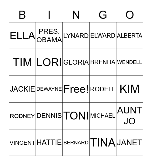 OLIVER COUSIN FAMILY REUNION Bingo Card