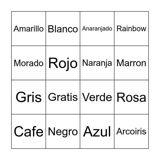 Spanish Colors Bingo Card