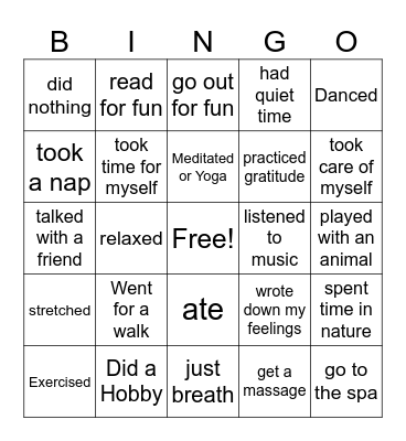 Self-Care Bingo Card