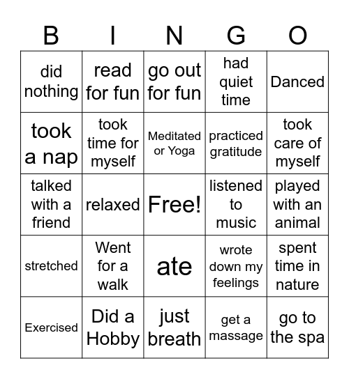 Self-Care Bingo Card