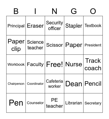 College personnel & School Supplies Bingo Card