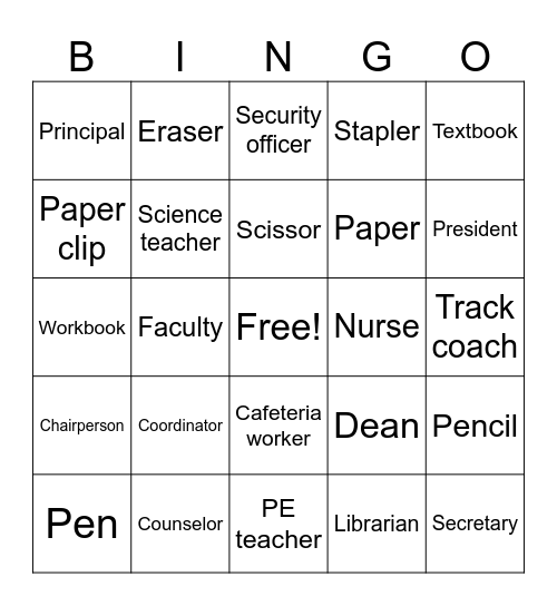 College personnel & School Supplies Bingo Card