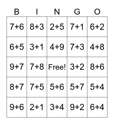 Addition Bingo Card