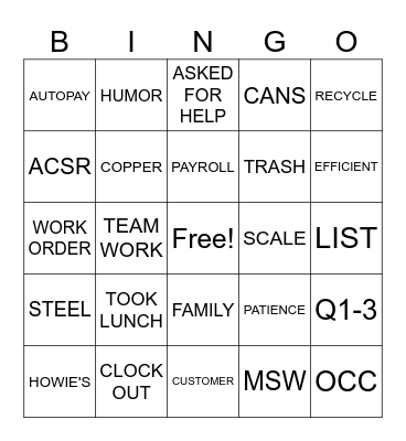 Howie's Bingo Card