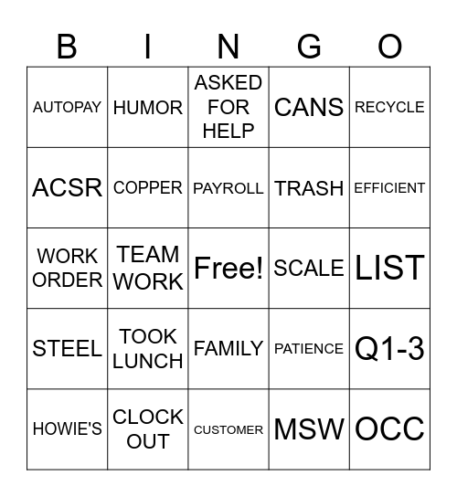 Howie's Bingo Card