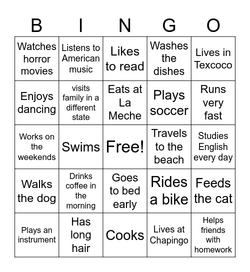 Simple Present Bingo Card