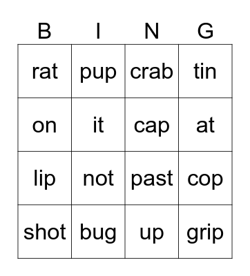 Short Vowels A,I,O,U Bingo Card