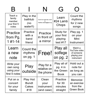Beginning Band Thanksgiving Break BINGO Card