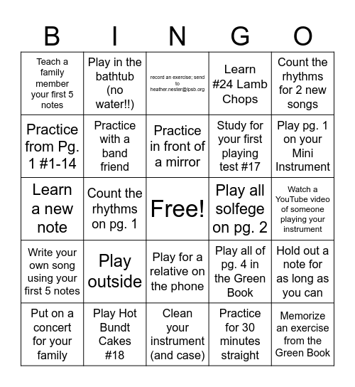 Beginning Band Thanksgiving Break BINGO Card