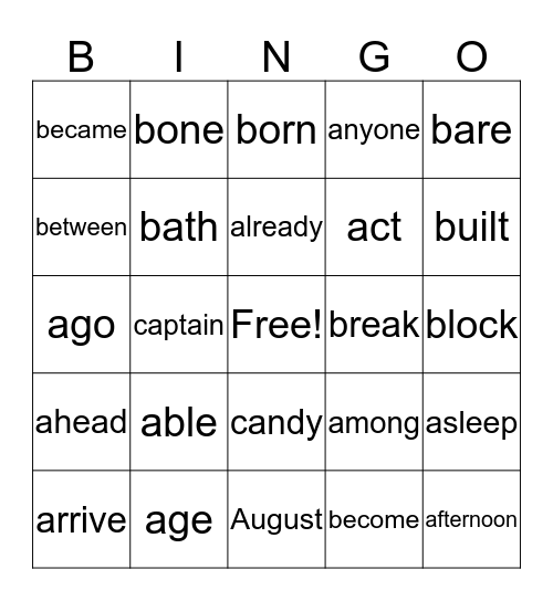 Sight Words Bingo Card
