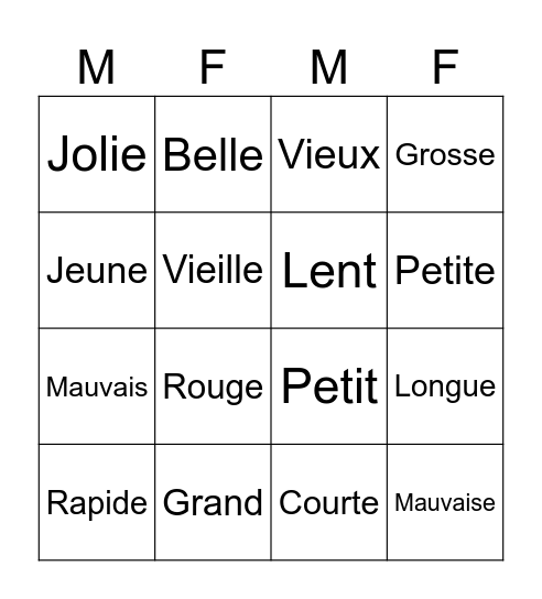 Adjectifs 1 Bingo Card