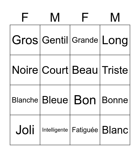 Adjectifs 2 Bingo Card