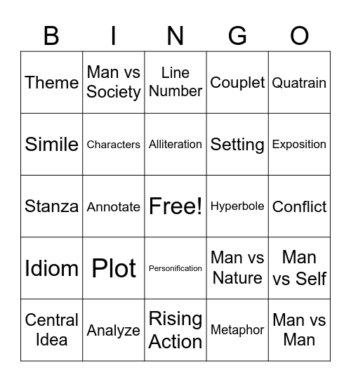 English Terms Bingo Card