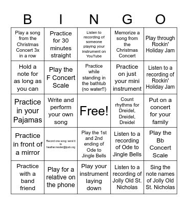 Intermediate Band Thanksgiving Break BINGO Board Bingo Card