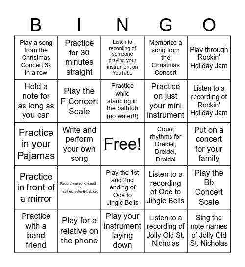 Intermediate Band Thanksgiving Break BINGO Board Bingo Card