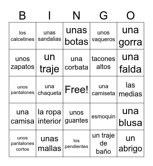 Español 1: La ropa Bingo Card