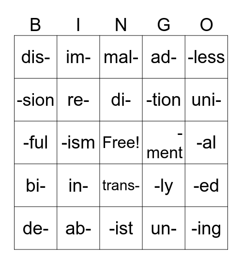 Prefixes and Suffixes Bingo Card