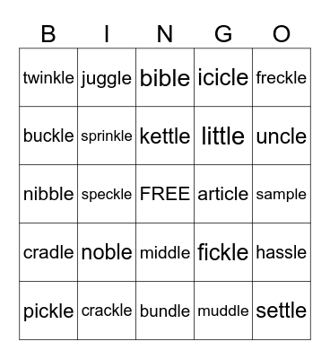 Consonant -le Bingo Card