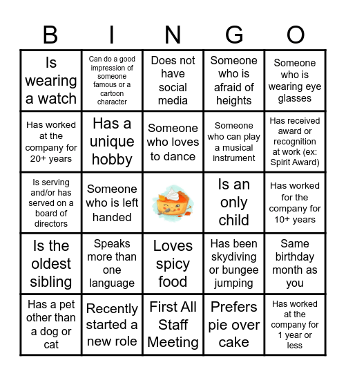 Easy As Pie Bingo Card