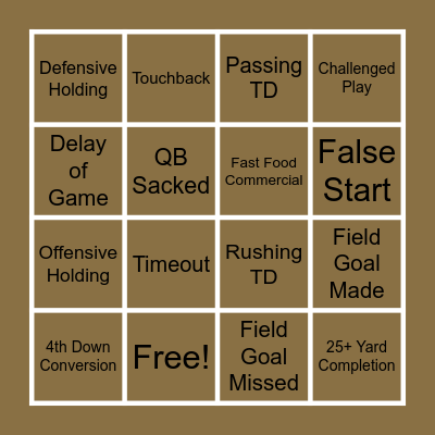 Thanksgiving Day Football BINGO Card