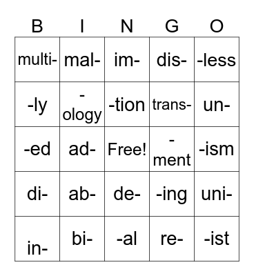 Prefixes and Suffixes Bingo Card