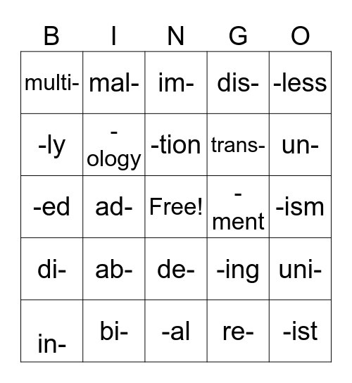 Prefixes and Suffixes Bingo Card