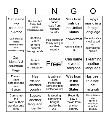 Multicultural Day Bingo Card Bingo Card