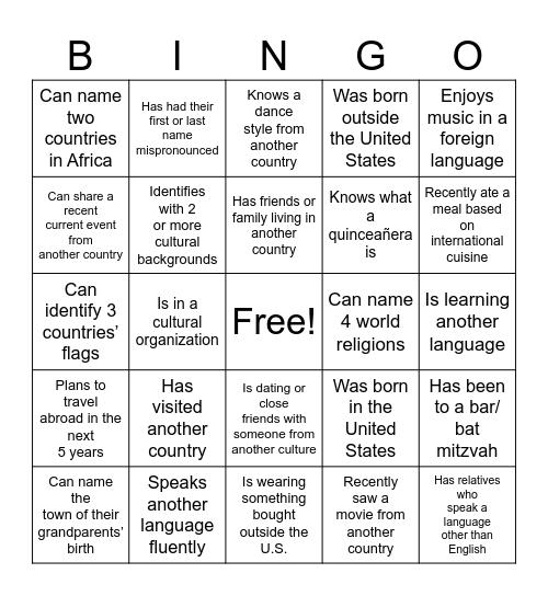 Multicultural Day Bingo Card Bingo Card