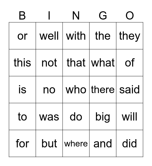 Sight Word Bingo Card