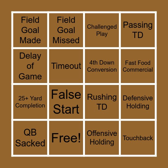 Thanksgiving Day Football BINGO Card