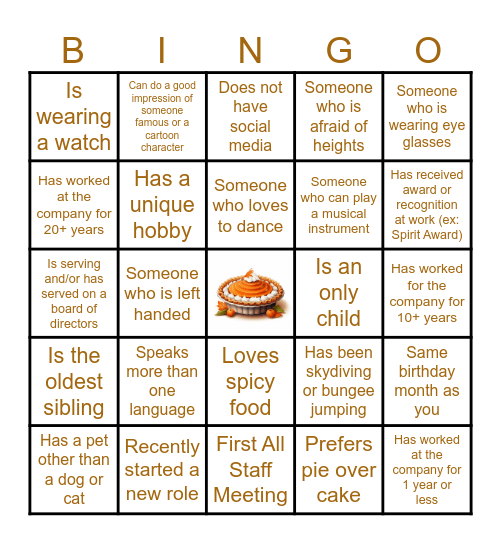 Easy As Pie Bingo Card