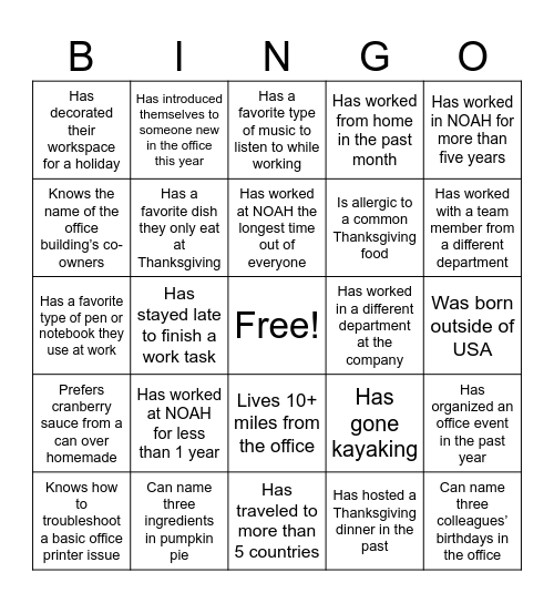 NOAH Bingo Card