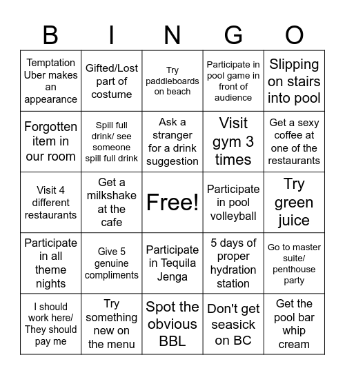 Temptation Resort Bingo Card
