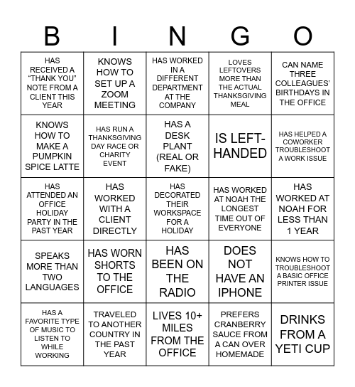 NOAH Bingo Card