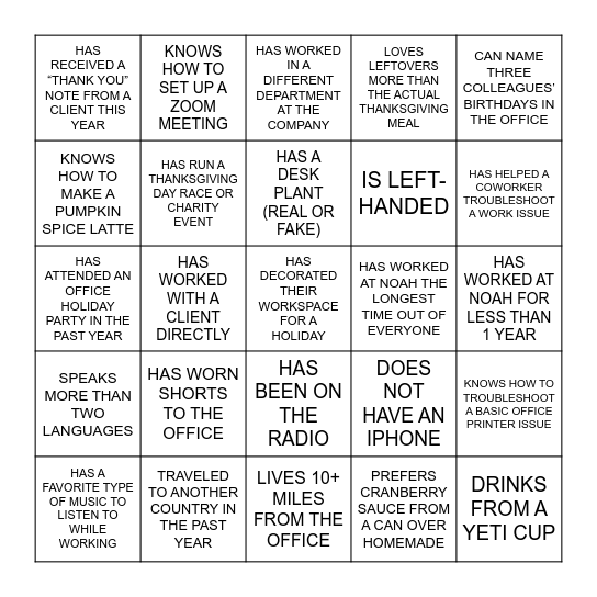 NOAH Bingo Card