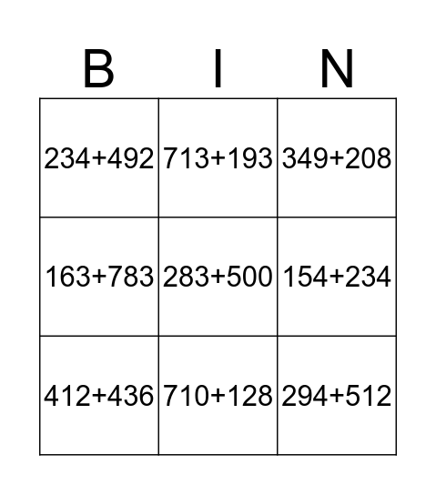 Addition with Regrouping Bingo Card