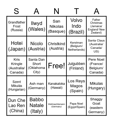 Santa Claus Bingo Card