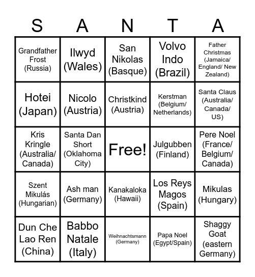 Santa Claus Bingo Card