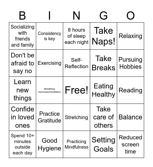 Self Care Bingo Card