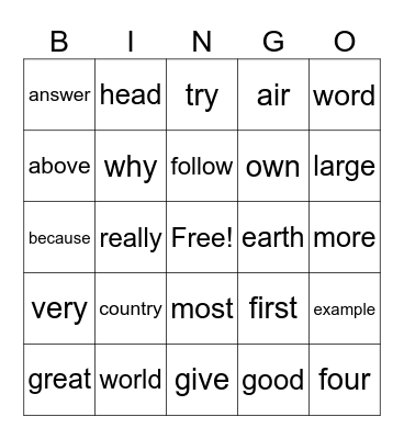 Irregular words High Frequency Bingo Card