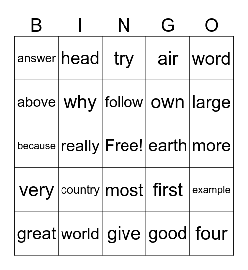 Irregular words High Frequency Bingo Card