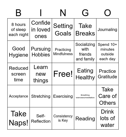 Self Care Bingo Card