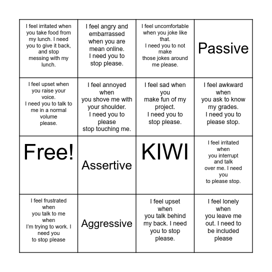 Assertiveness Bingo Card