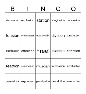 -tion & -sion Bingo Card