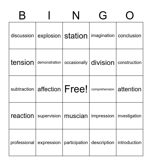 -tion & -sion Bingo Card