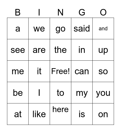 Kindergarten HFW Bingo Card