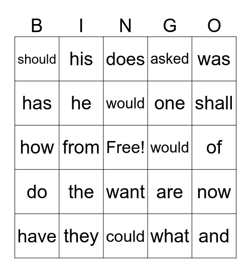 Trick Words by Heart Bingo Card