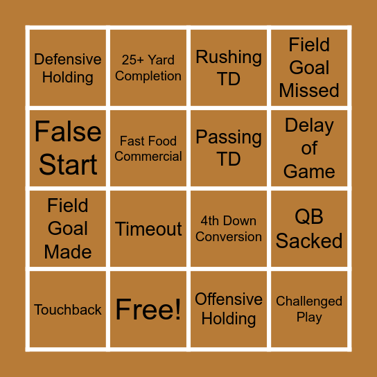 Thanksgiving Day Football BINGO Card