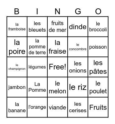 la nourriture Bingo Card