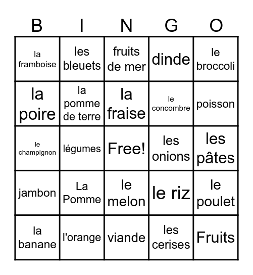 la nourriture Bingo Card